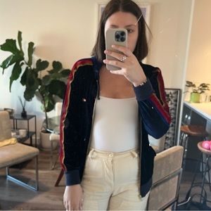 Aviator nation velour zip up sweatshirt  - navy w striped arms